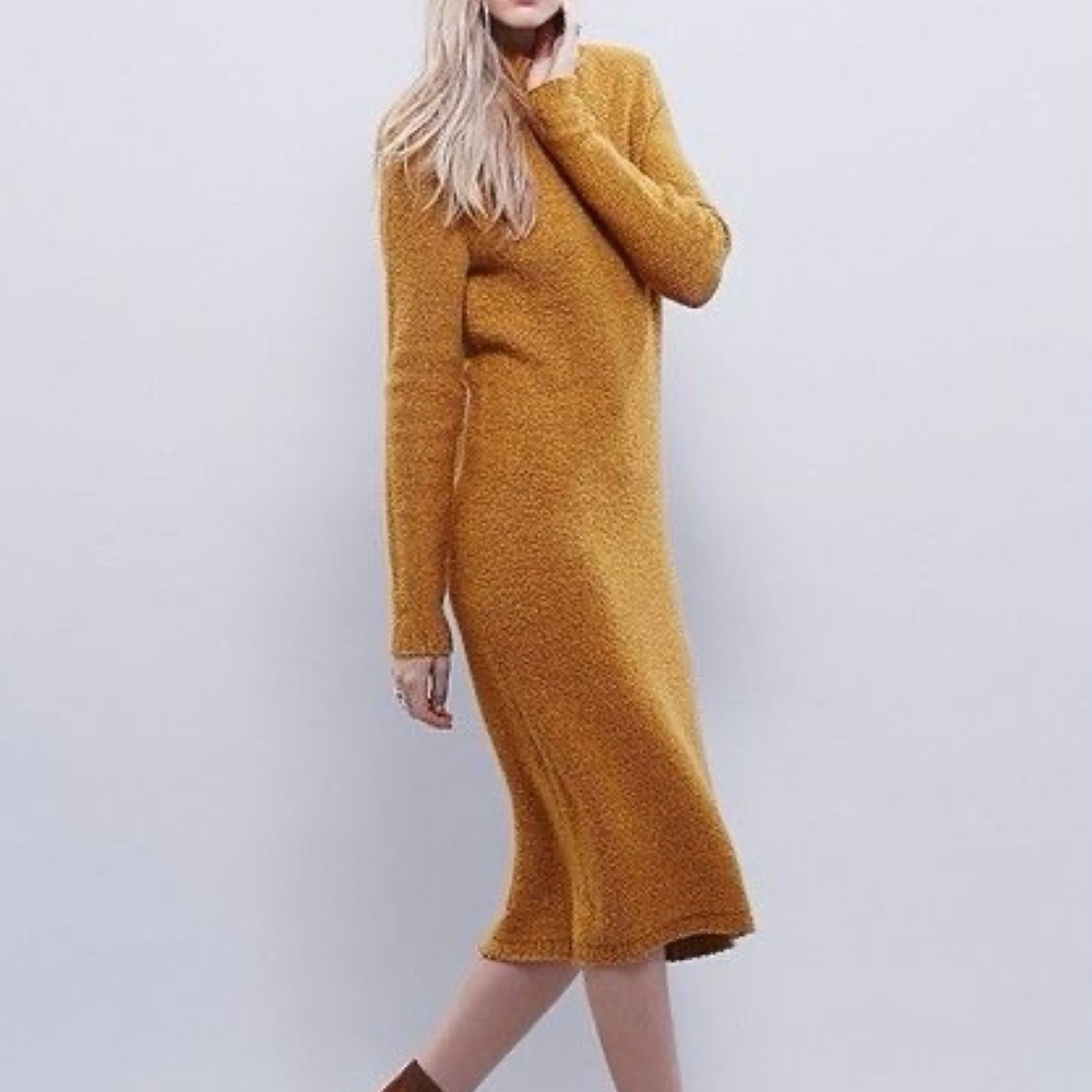 Free People Mustard Gold Boucle Mock Neck Tweedy Sweater Midi Dress